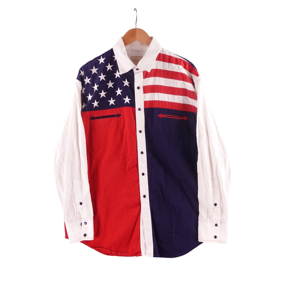 Scully Mens Large American Flag Western Peral Snap Shirt Red White Blue